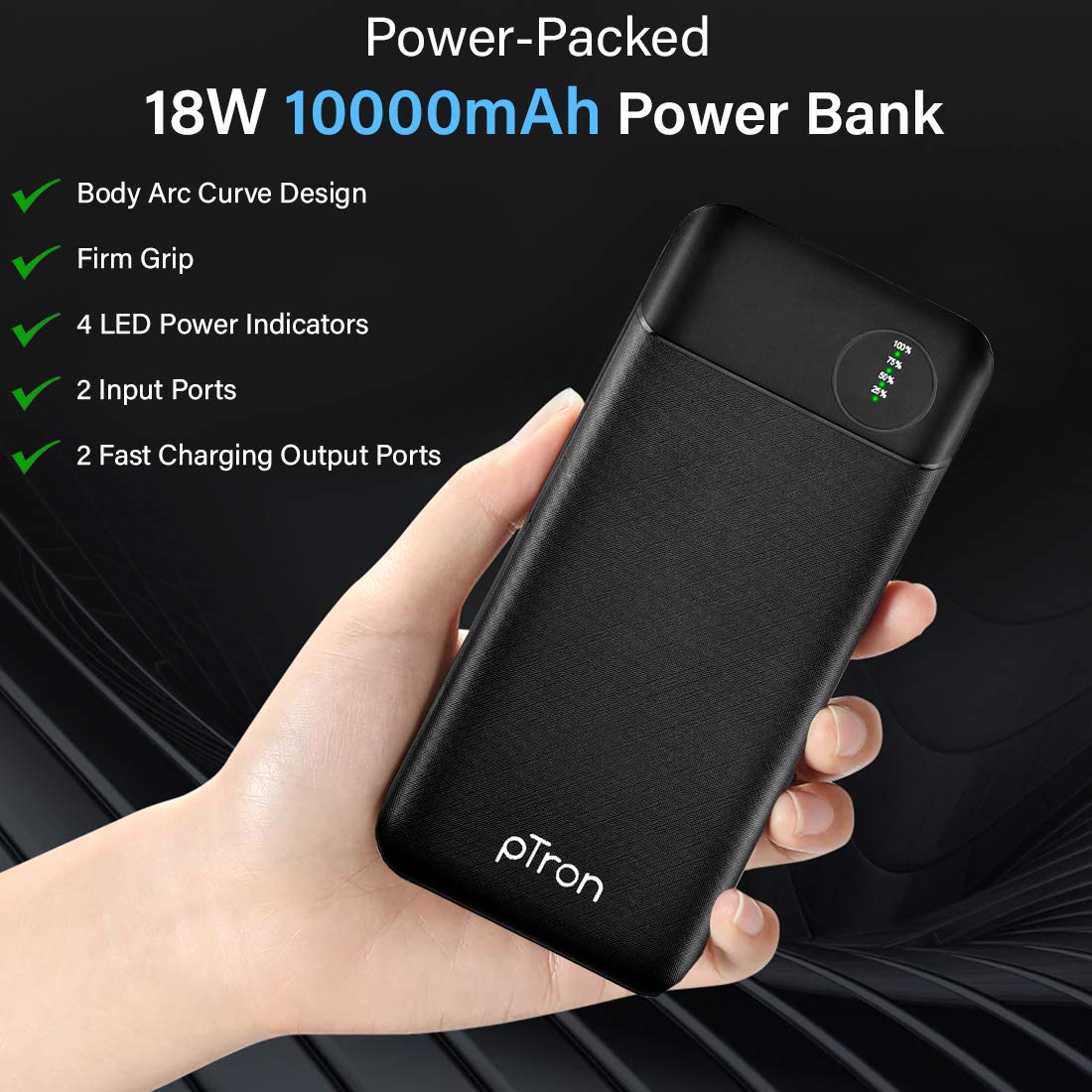 pTron Dynamo Pro 10000mAh 18W Fast Charge QC3.0 PD Power Bank with Type-C & Micro USB Input Ports and 18W Type C Mini Cable