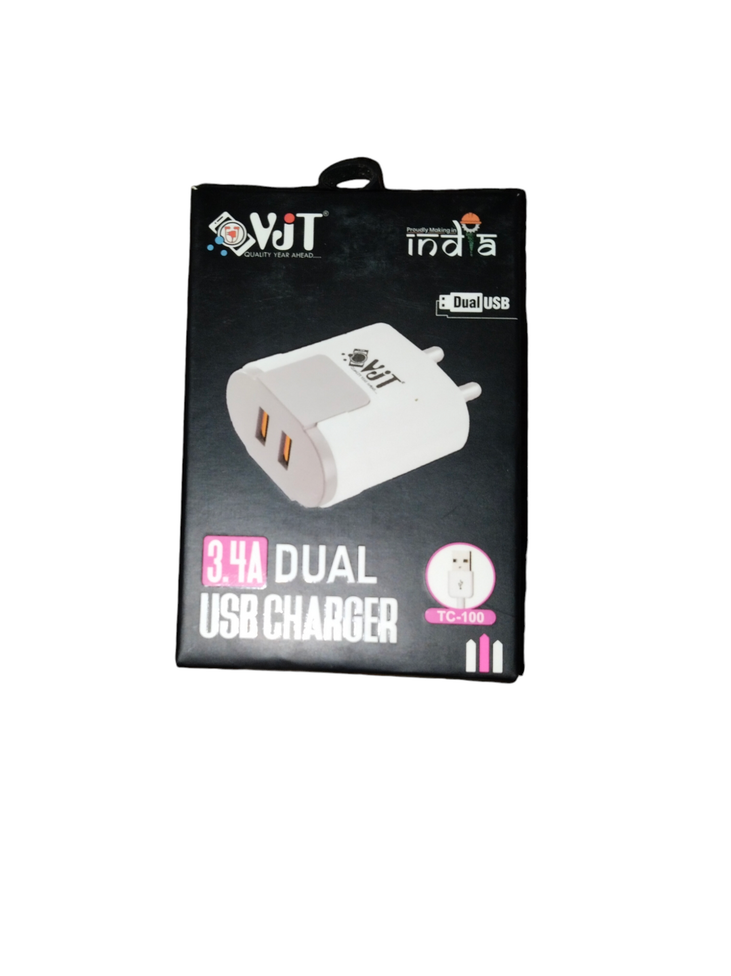VJT TC-100 5V 3.4 Amp Dual USB Port Wall Charger with Micro USB V8 Cable