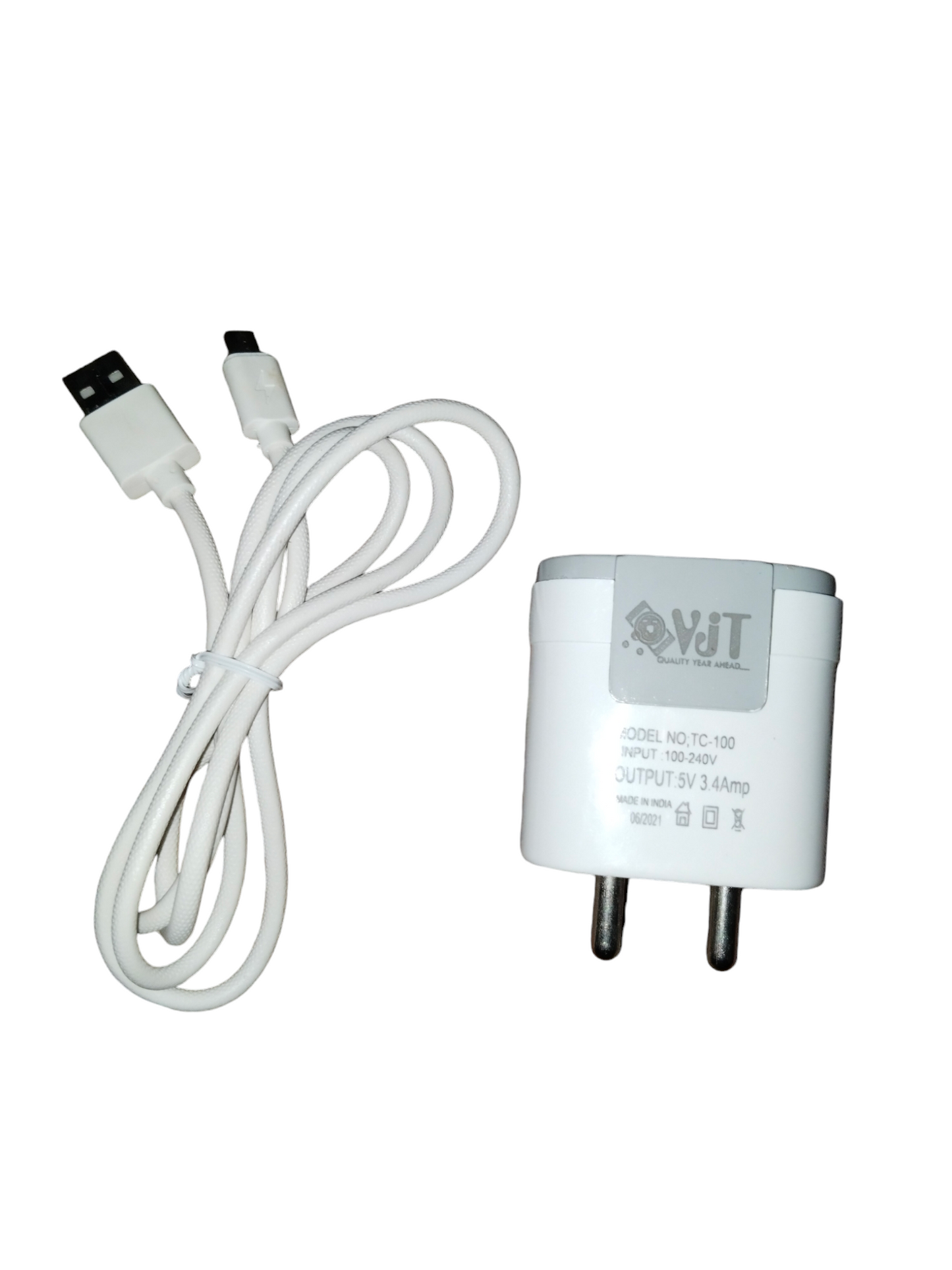 VJT TC-100 5V 3.4 Amp Dual USB Port Wall Charger with Micro USB V8 Cable
