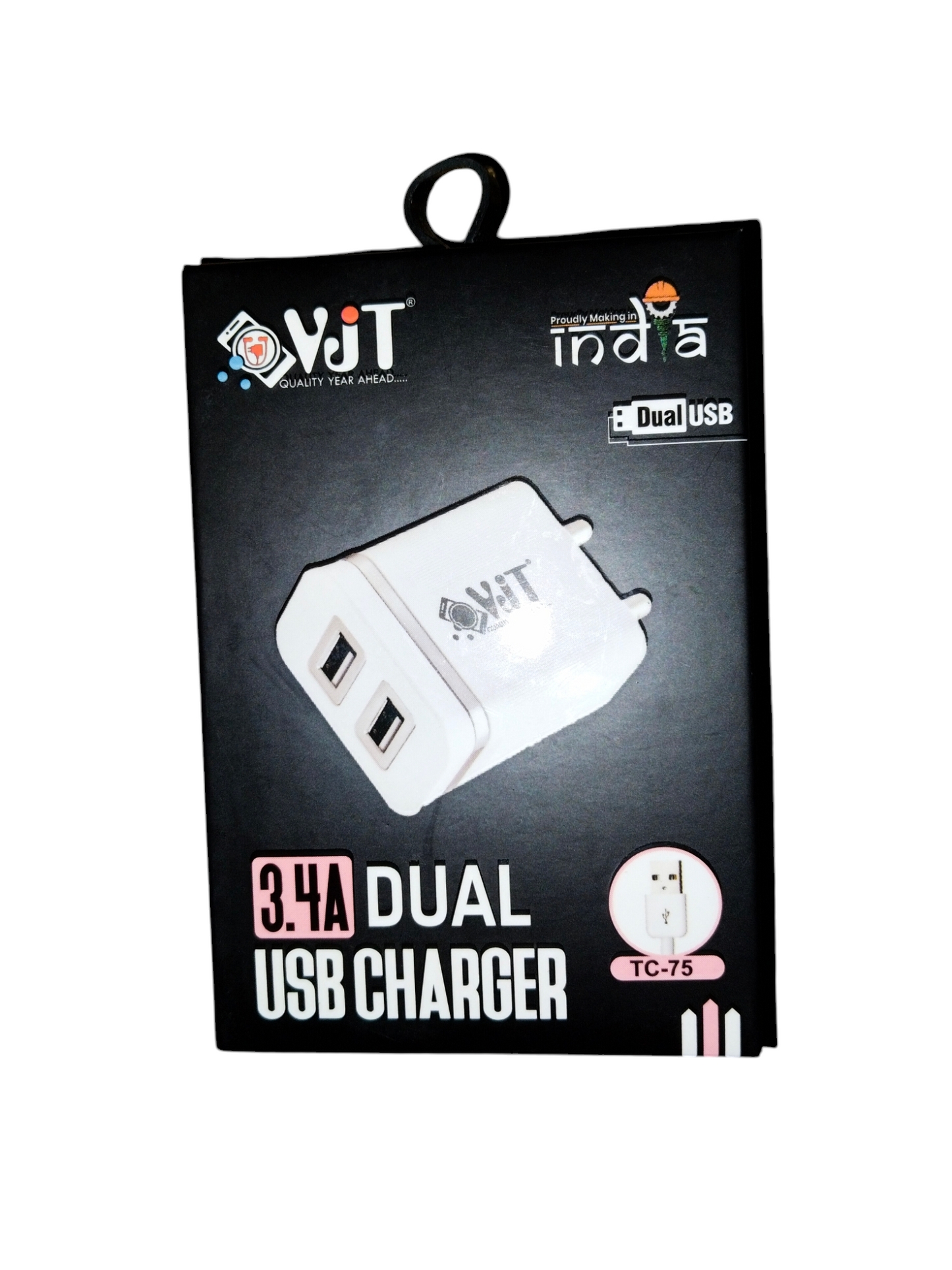 VJT TC-75 5V 3.4 Amp Dual USB Port Wall Charger with Micro USB V8 Cable
