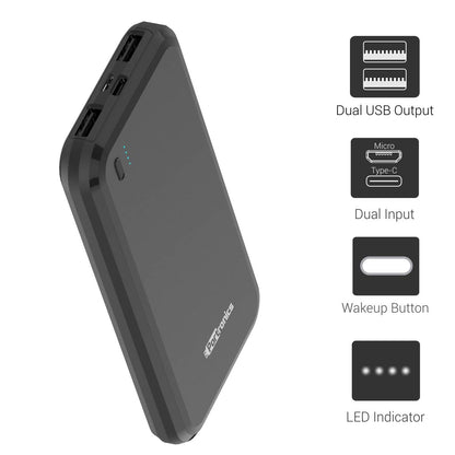 Portronics Power Brick 10 POR 1014 10000 mAh Power Bank, Dual Charging Input (Micro USB, Type-C), Dual USB Output