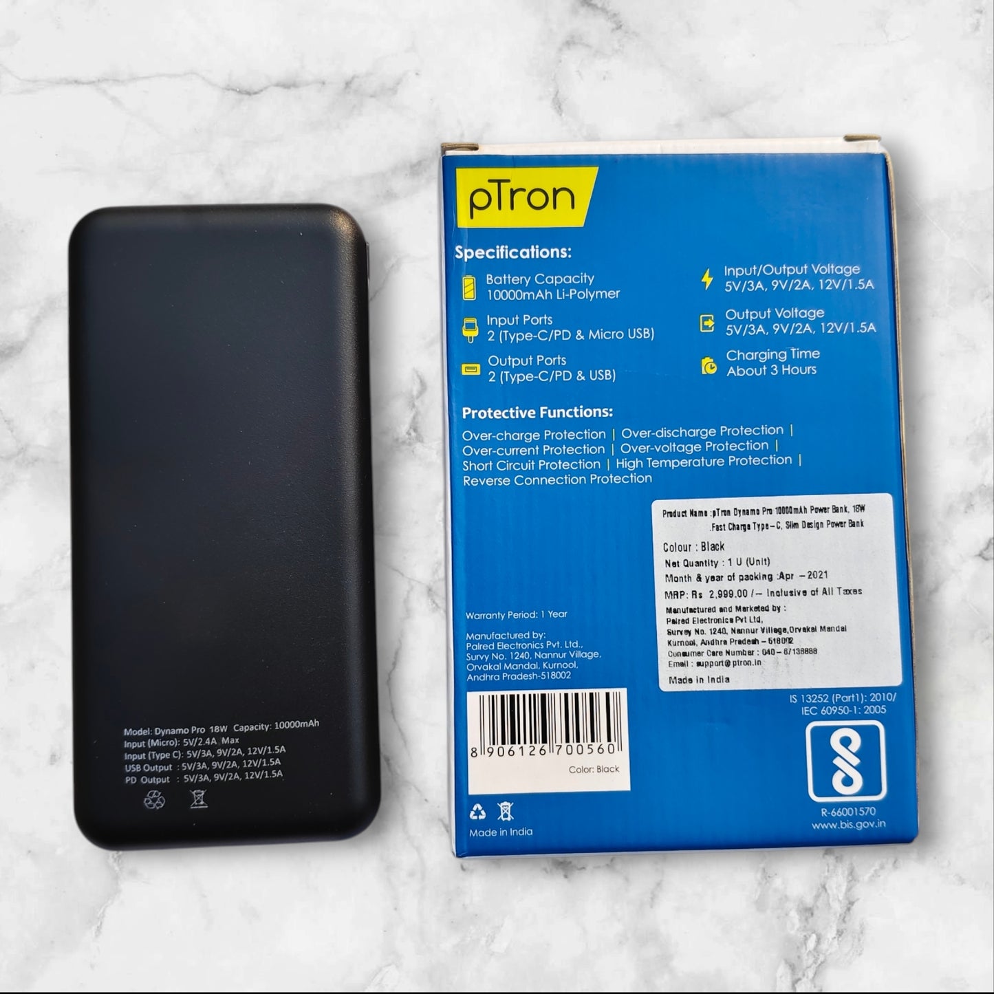 pTron Dynamo Pro 10000mAh 18W Fast Charge QC3.0 PD Power Bank with Type-C & Micro USB Input Ports and 18W Type C Mini Cable