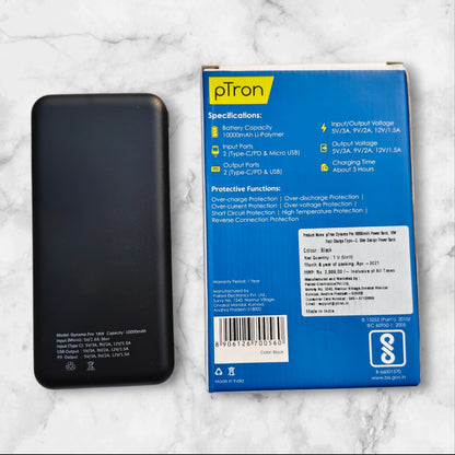 pTron Dynamo Pro 10000mAh 18W Fast Charge QC3.0 PD Power Bank with Type-C & Micro USB Input Ports and 18W Type C Mini Cable