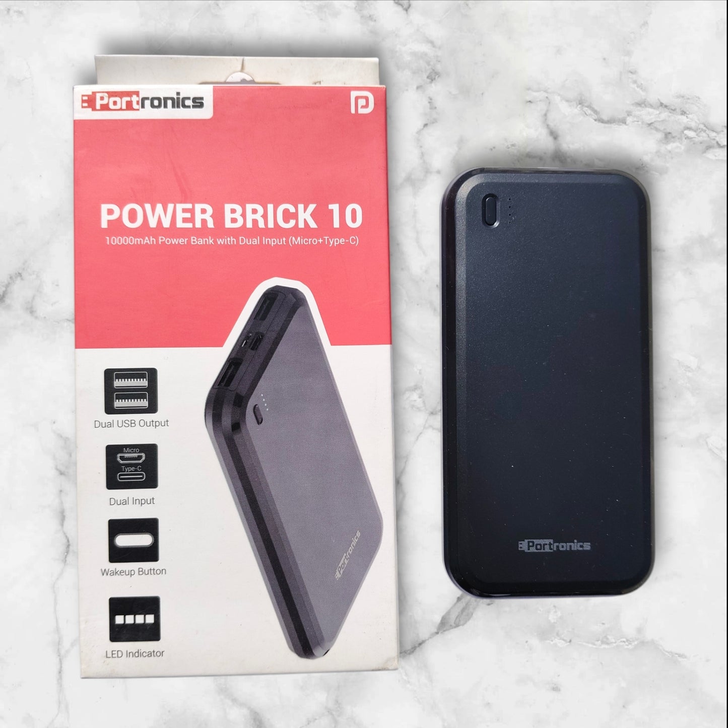 Portronics Power Brick 10 POR 1014 10000 mAh Power Bank, Dual Charging Input (Micro USB, Type-C), Dual USB Output