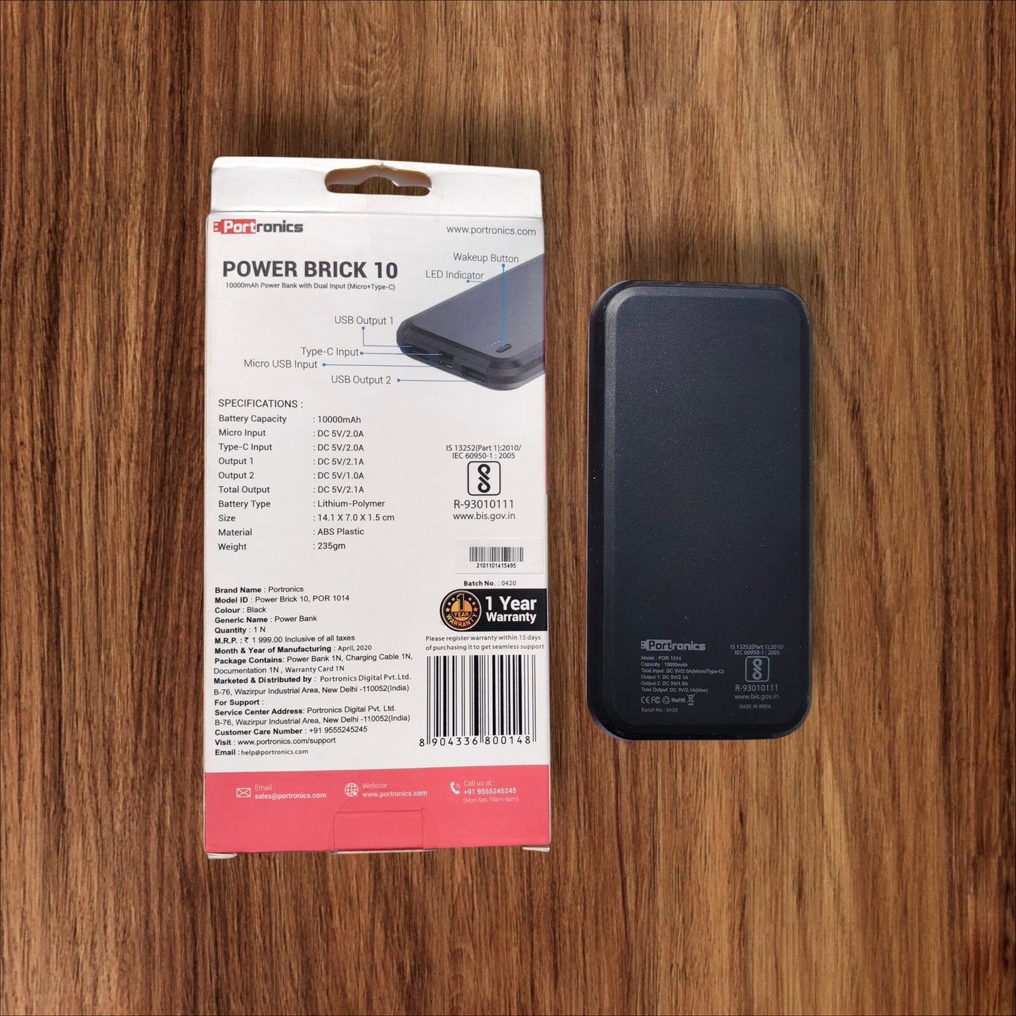 Portronics Power Brick 10 POR 1014 10000 mAh Power Bank, Dual Charging Input (Micro USB, Type-C), Dual USB Output