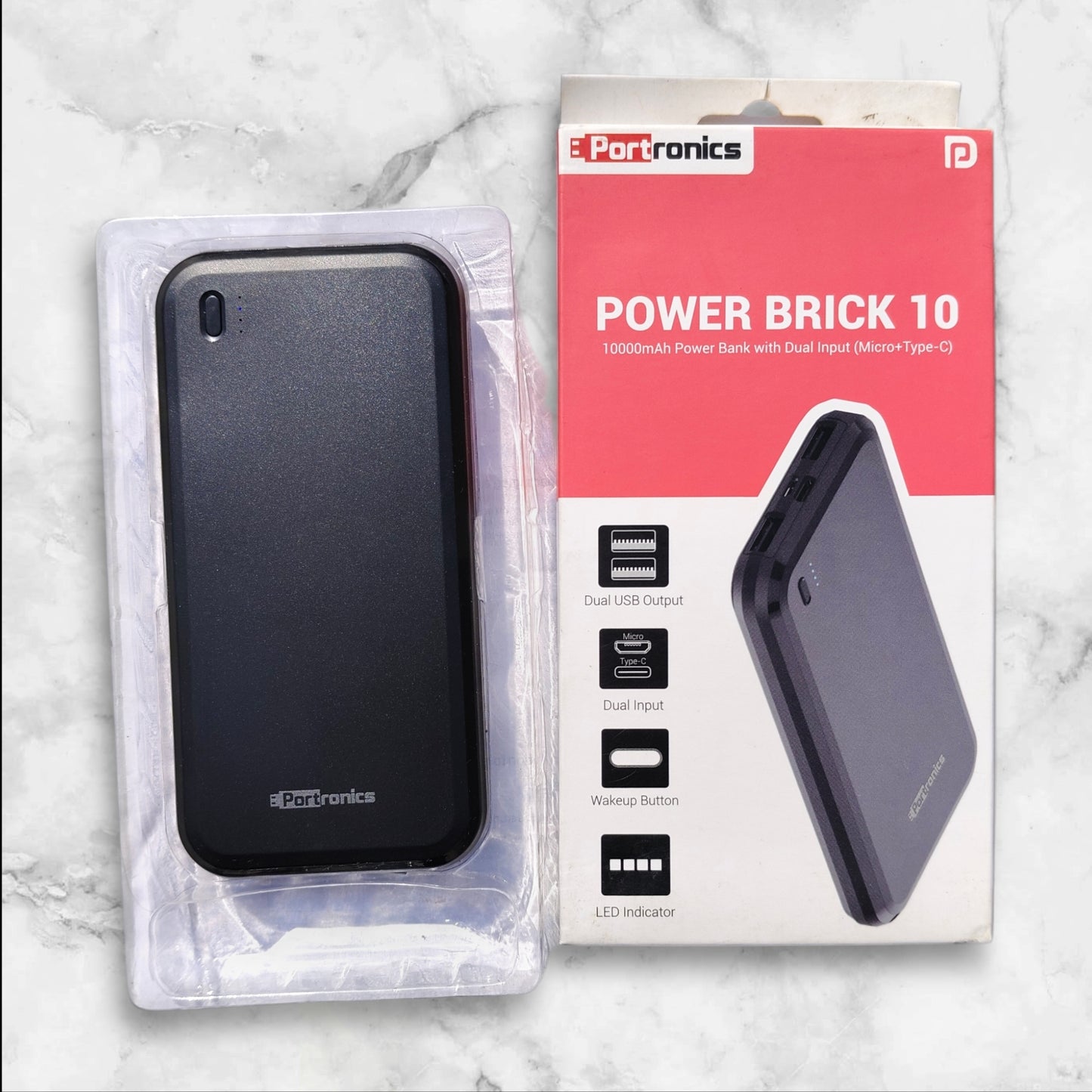 Portronics Power Brick 10 POR 1014 10000 mAh Power Bank, Dual Charging Input (Micro USB, Type-C), Dual USB Output