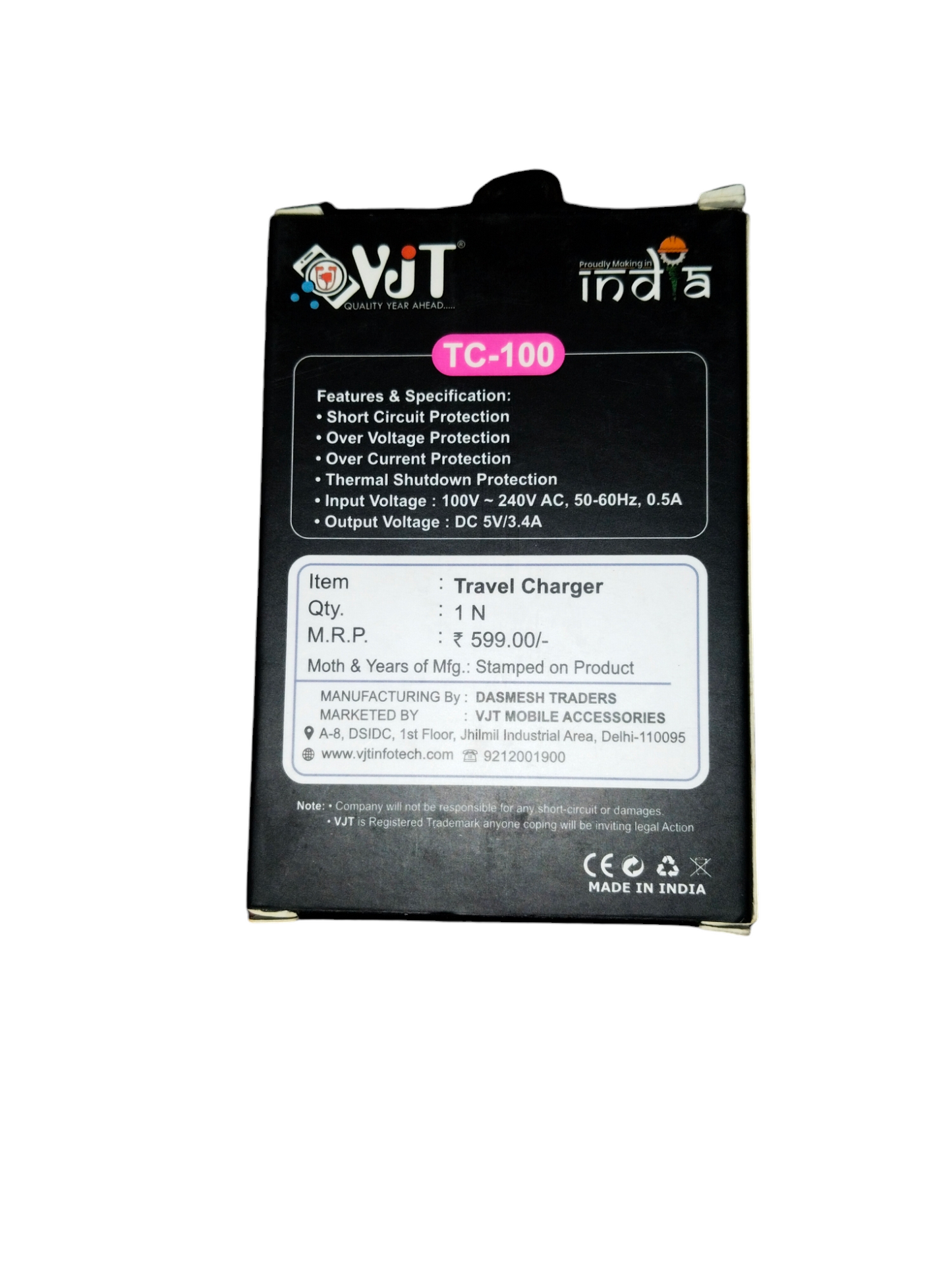 VJT TC-100 5V 3.4 Amp Dual USB Port Wall Charger with Micro USB V8 Cable