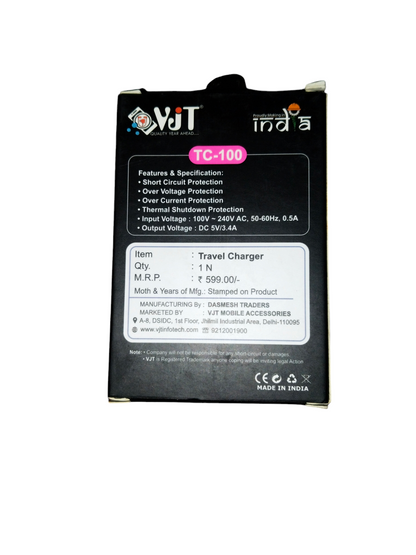 VJT TC-100 5V 3.4 Amp Dual USB Port Wall Charger with Micro USB V8 Cable